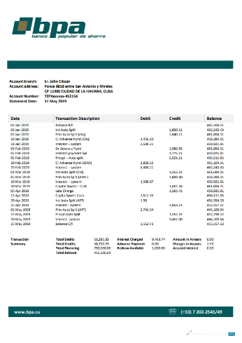 Download Cuba Banco Popular de Ahorro (BPA) bank statement word
